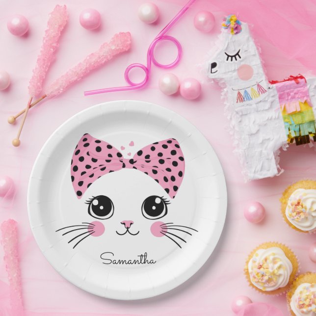 Custom Name Cute Cat Face Paper Plates (Party)