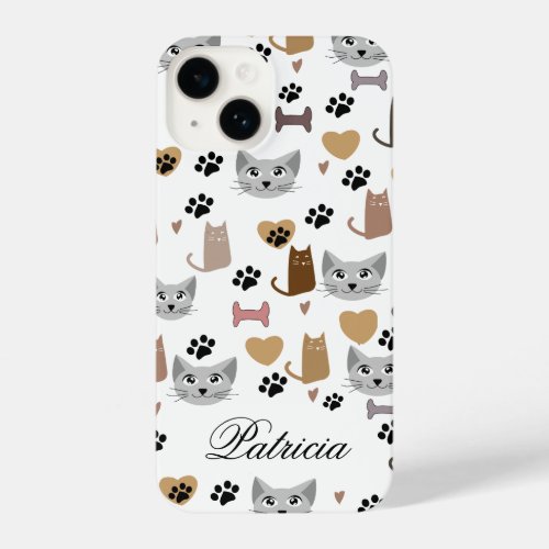 Custom name Cute Cats  Paw Prints Pattern white iPhone 14 Case