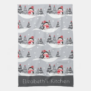 Custom Name Cute Christmas Penguin Kitchen Towel