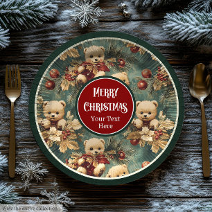 Custom name cute Christmas teddy bears holly berry Paper Plates