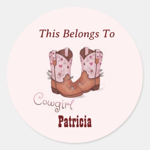 Custom Name Cute CowGirl Boots This Belongs To Classic Round Sticker