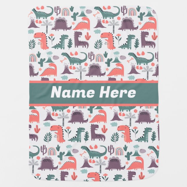Custom Name Cute Dinosaurs Personalized Baby Blanket (Front)