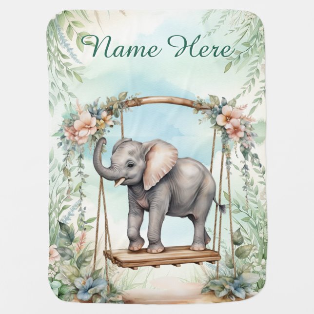 Custom Name Cute Elephant Swing Personalized Baby Blanket (Front)