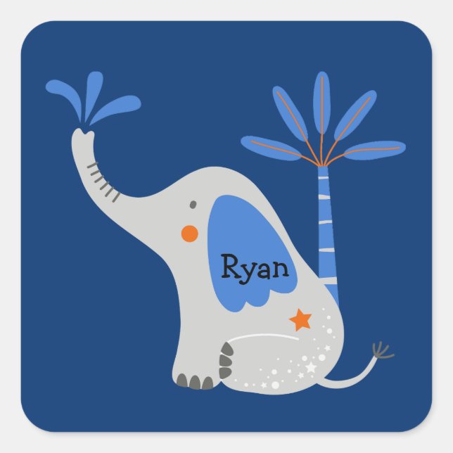Custom Name Cute Elephant with Palm Tree Blue Square Sticker (Front)