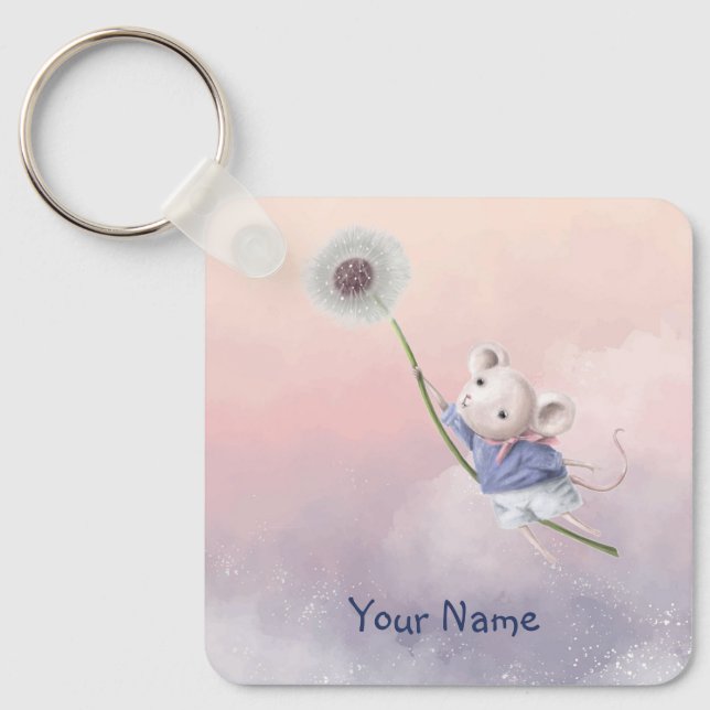 Custom Name Cute Fantasy Mouse Dandelion Keychain (Front)