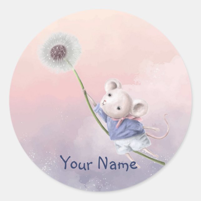 Custom Name Cute Fantasy Mouse Dandelion Keychain Classic Round Sticker (Front)
