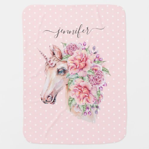 Custom Name Cute Floral Unicorn Pink Baby Girl Baby Blanket