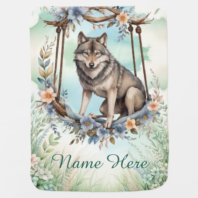 Custom Name Cute Fox Swing Personalized Baby Blanket (Front)