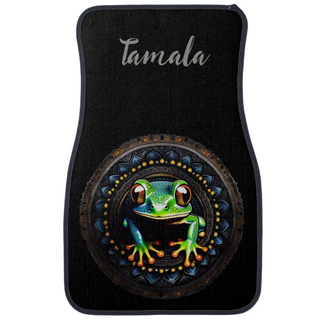 Custom Name Cute Frog on Black Car Floor Mat (Front)