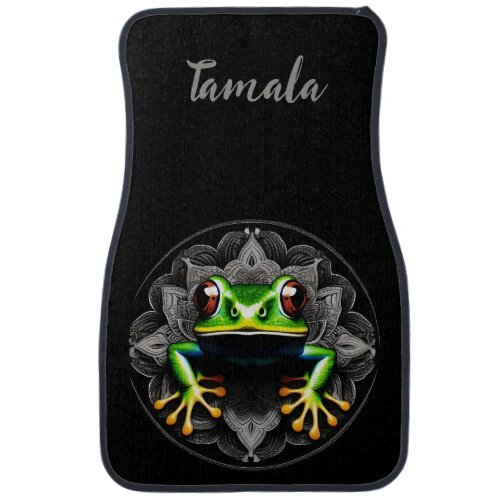 Custom Name Cute Frog on Black Car Floor Mat