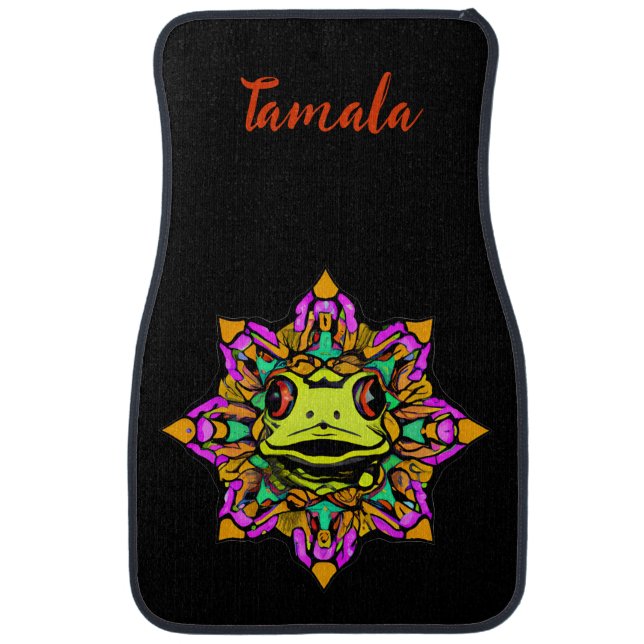 Custom Name Cute Frog on Black Car Floor Mat (Front)