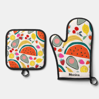 Custom Name Cute Fruits Background Oven Mitt & Pot Holder Set