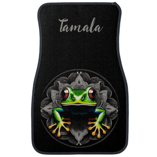 Custom Name Cute Funny Frog Black Car Floor Mats (Front)