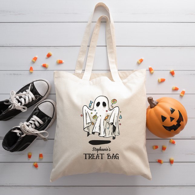 Custom Name Cute Ghost Halloween Trick or Treat Tote Bag (Creator Uploaded)