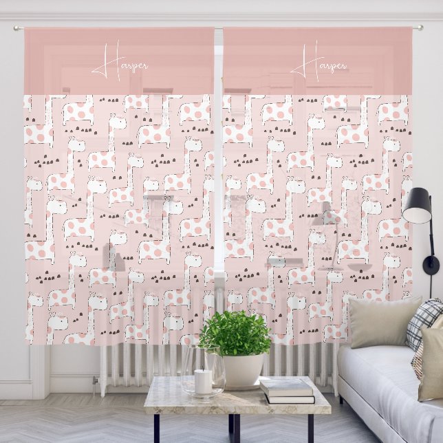 Custom Name Cute Giraffe Pattern Kids Pink Sheer Curtains (Living Room)