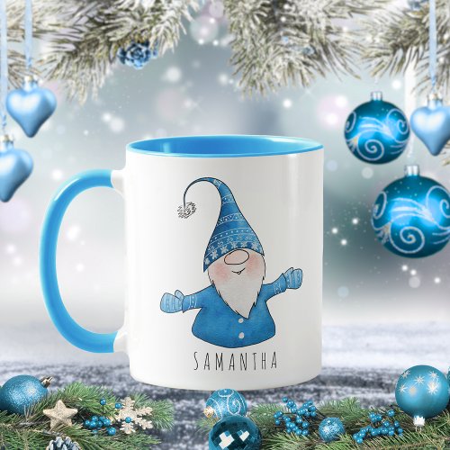 Custom Name Cute Gnome Blue Christmas Mug