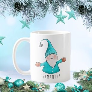 Custom Name Cute Gnome Teal Blue Christmas Coffee Mug