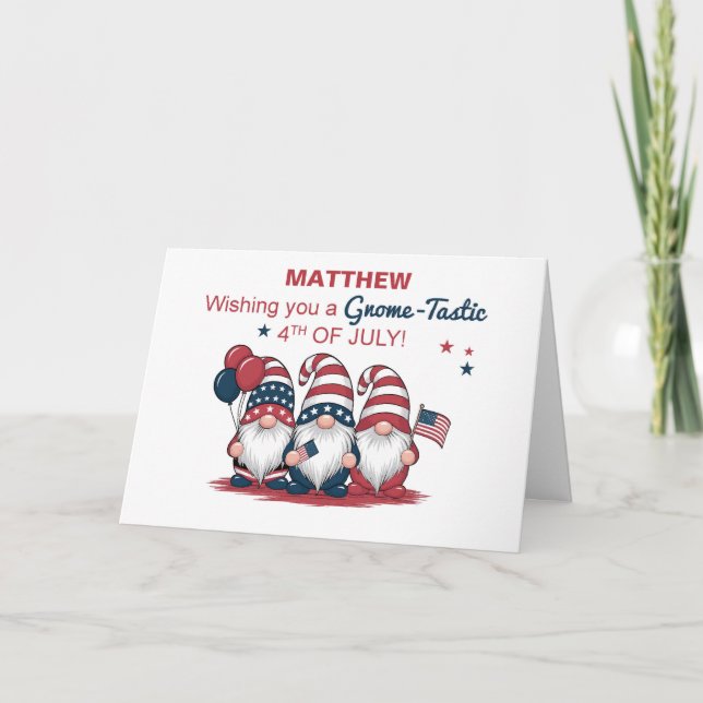 Custom Name Cute Gnomes Fourth of July Card (Front)