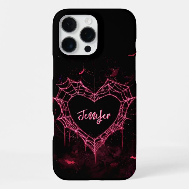 Custom Name Cute Gothic Pink Heart Spiderweb  iPhone Case (Back)