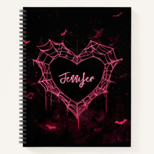 Custom Name Cute Gothic Pink Heart Spiderweb Notebook