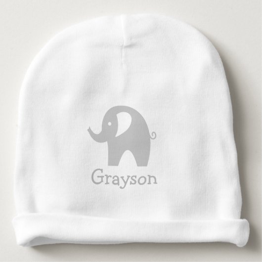 Custom name cute grey elephant baby beanie hat (Front)
