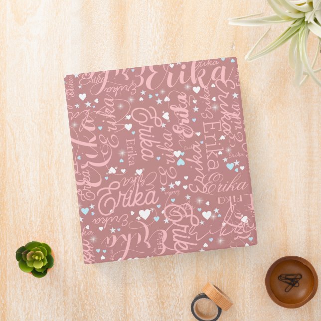 Custom Name, Cute Hearts and Stars old-rose 3 Ring Binder (In Situ)