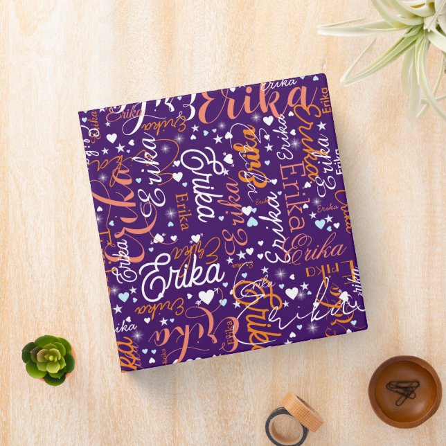 Custom Name, Cute Hearts and Stars purple 3 Ring Binder (In Situ)