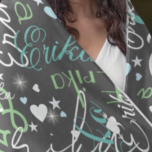 Custom Name Cute Hearts Stylishly Starry Dark Gray Fleece Blanket