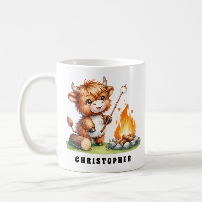 Custom Name Cute Highland Cow Roasting Marshmallow Coffee Mug (Left)