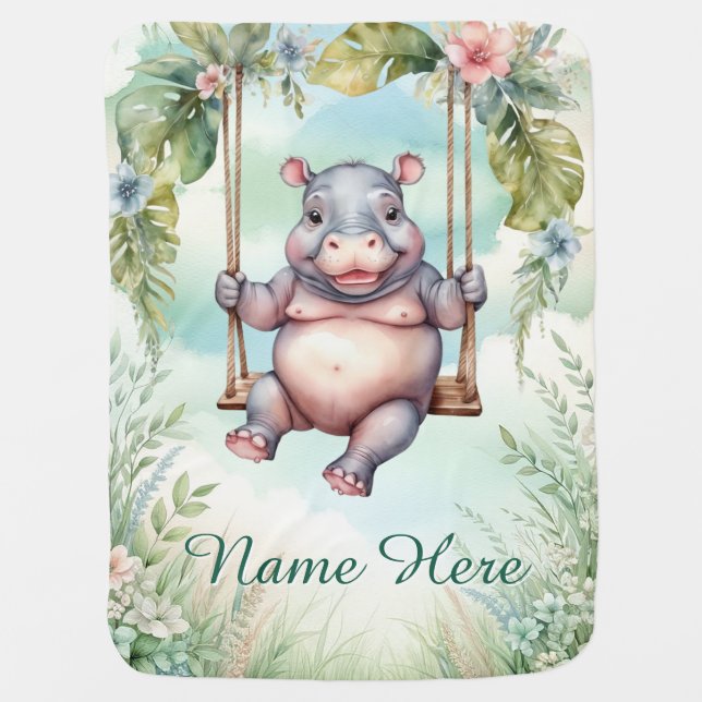 Custom Name Cute Hippo Swing Personalized Baby Blanket (Front)