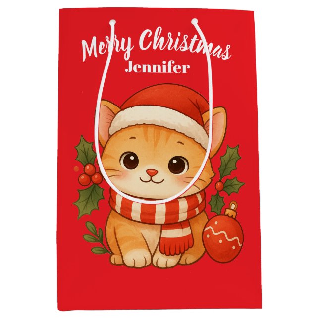 Custom Name Cute Kitten Merry Christmas Gift Bag (Front)