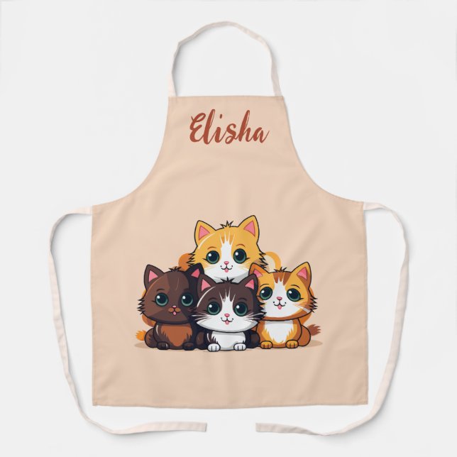 Custom Name Cute Kitty Cats Illustration Apron (Front)