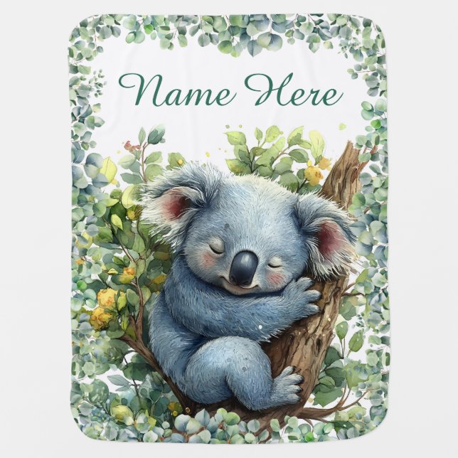 Custom Name Cute Koala Personalized Baby Blanket (Front)