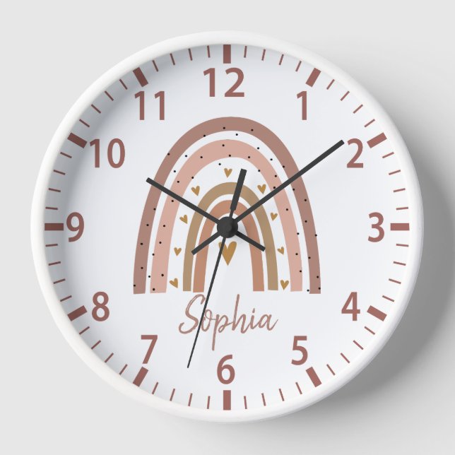 Custom Name Cute Modern Boho Rainbow Clock (Front)