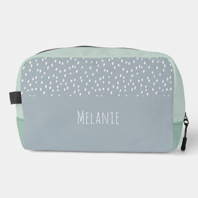 Custom name, cute modern gray blue spots dopp kit (Front)