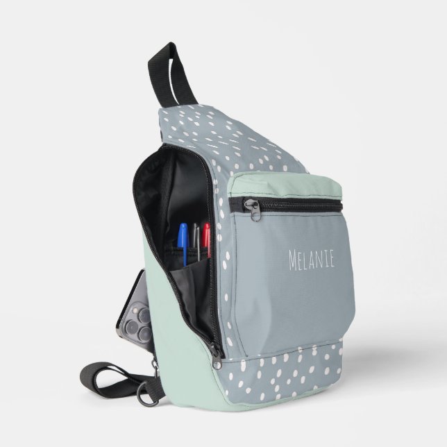 Custom name, cute modern gray blue spots sling bag (Open)
