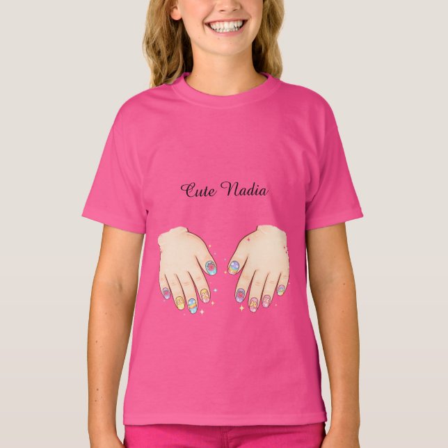 Custom Name Cute Nail Art Hands Kids T-Shirt (Front)