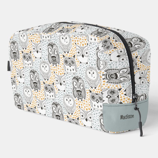 Custom Name Cute Owl Pattern Dopp Kit (Right Corner)