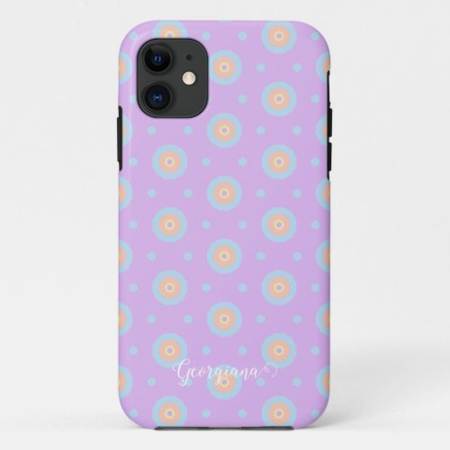 Custom Name Cute Pastel Rainbow Bullseyes Pattern iPhone 11 Case