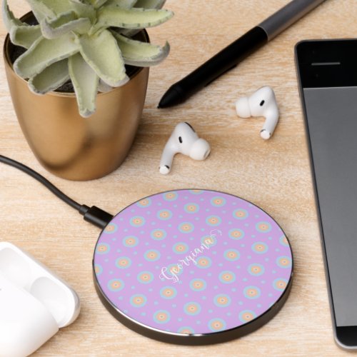 Custom Name Cute Pastel Rainbow Bullseyes Pattern Wireless Charger