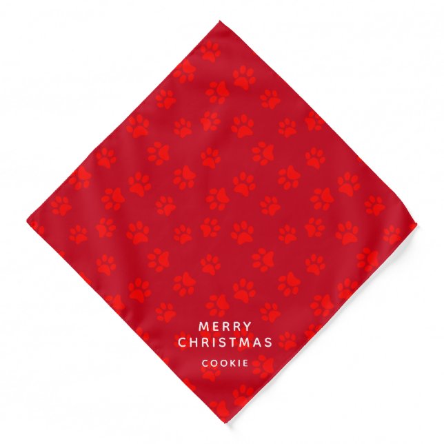 Custom Name Cute Paws Red White Merry Christmas Bandana (Front)