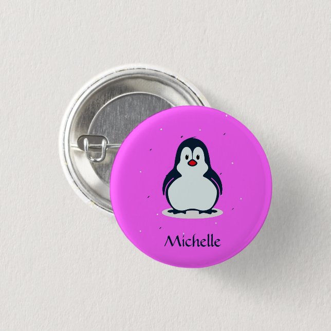 Custom name cute penguin on pink button (Front & Back)
