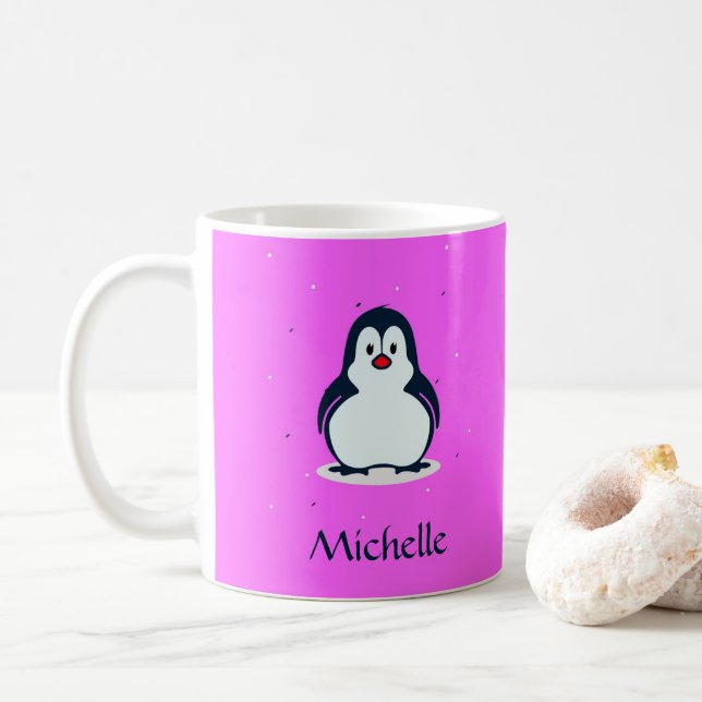 Custom name cute penguin on pink coffee mug (With Donut)