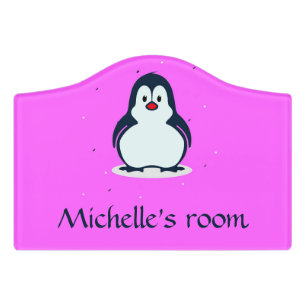 Custom name cute penguin on pink door sign