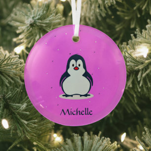 Custom name cute penguin on pink glass ornament