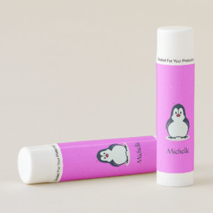 Custom name cute penguin on pink lip balm