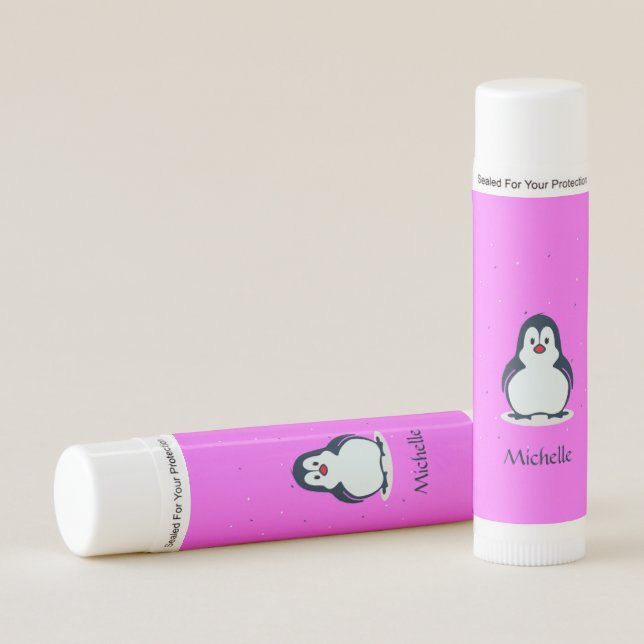 Custom name cute penguin on pink lip balm (Front)