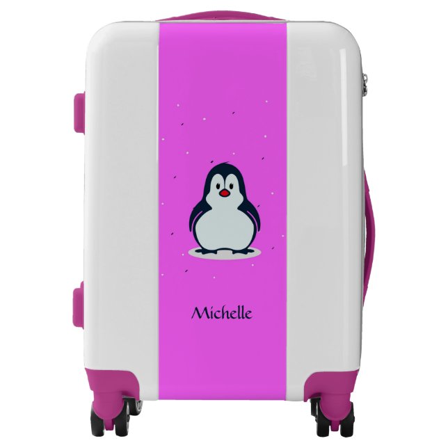 Custom name cute penguin on pink luggage (Front)