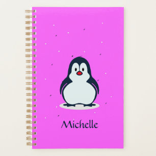 Custom name cute penguin on pink planner