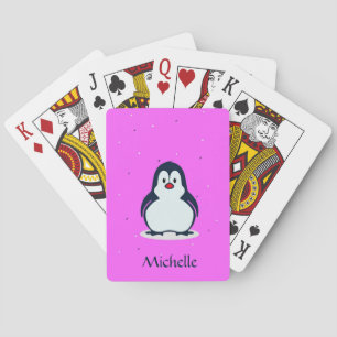Custom name cute penguin on pink poker cards